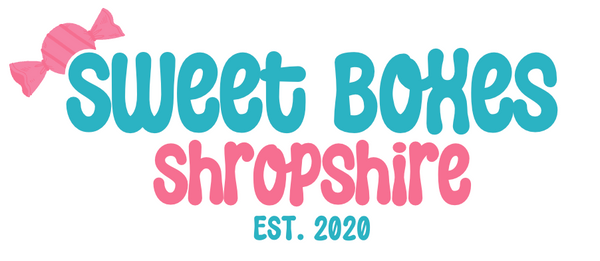 Sweet Boxes Shropshire logo in blue and pink with a sweet above.